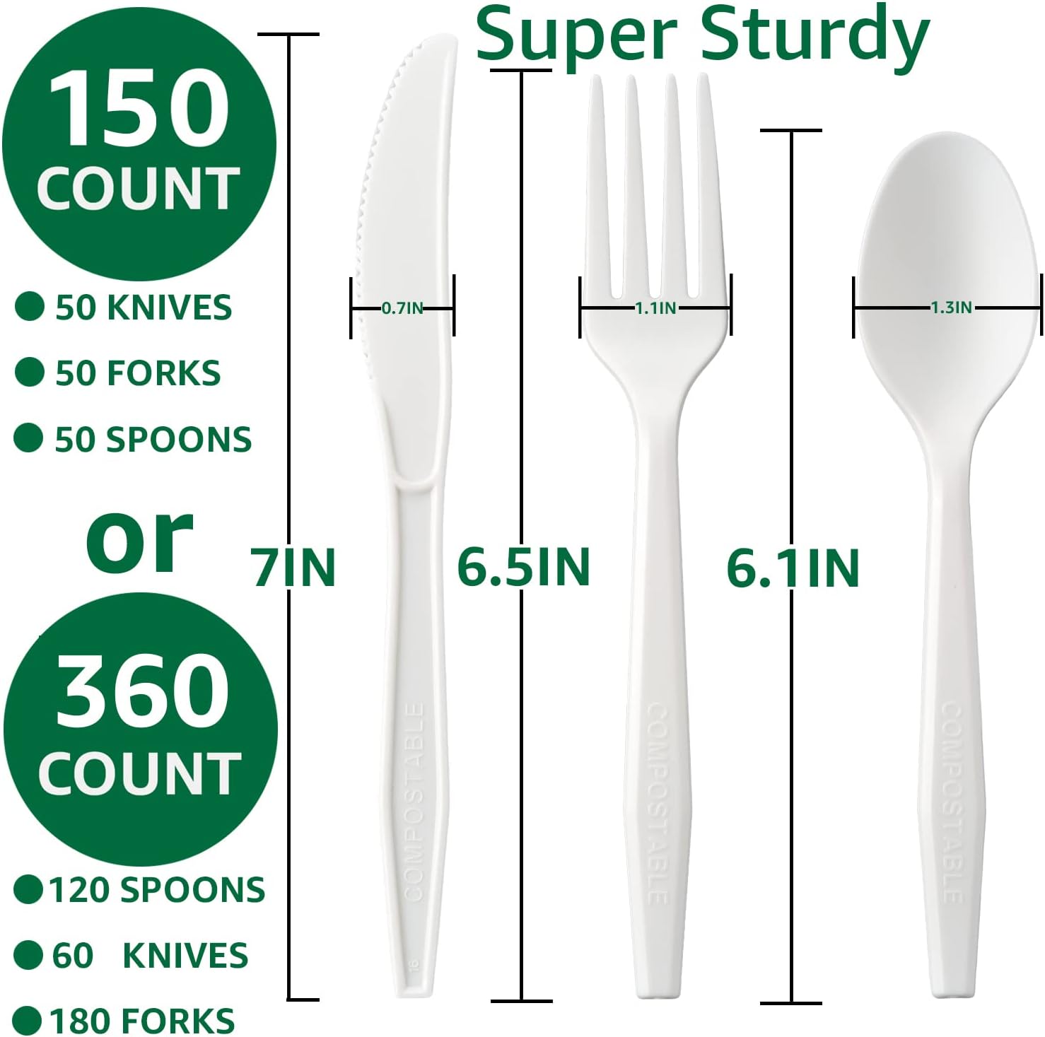 Mixed Pack Heavy Weight Compostable White PLA Fork Knife and Spoon - 150 PCS/Pack