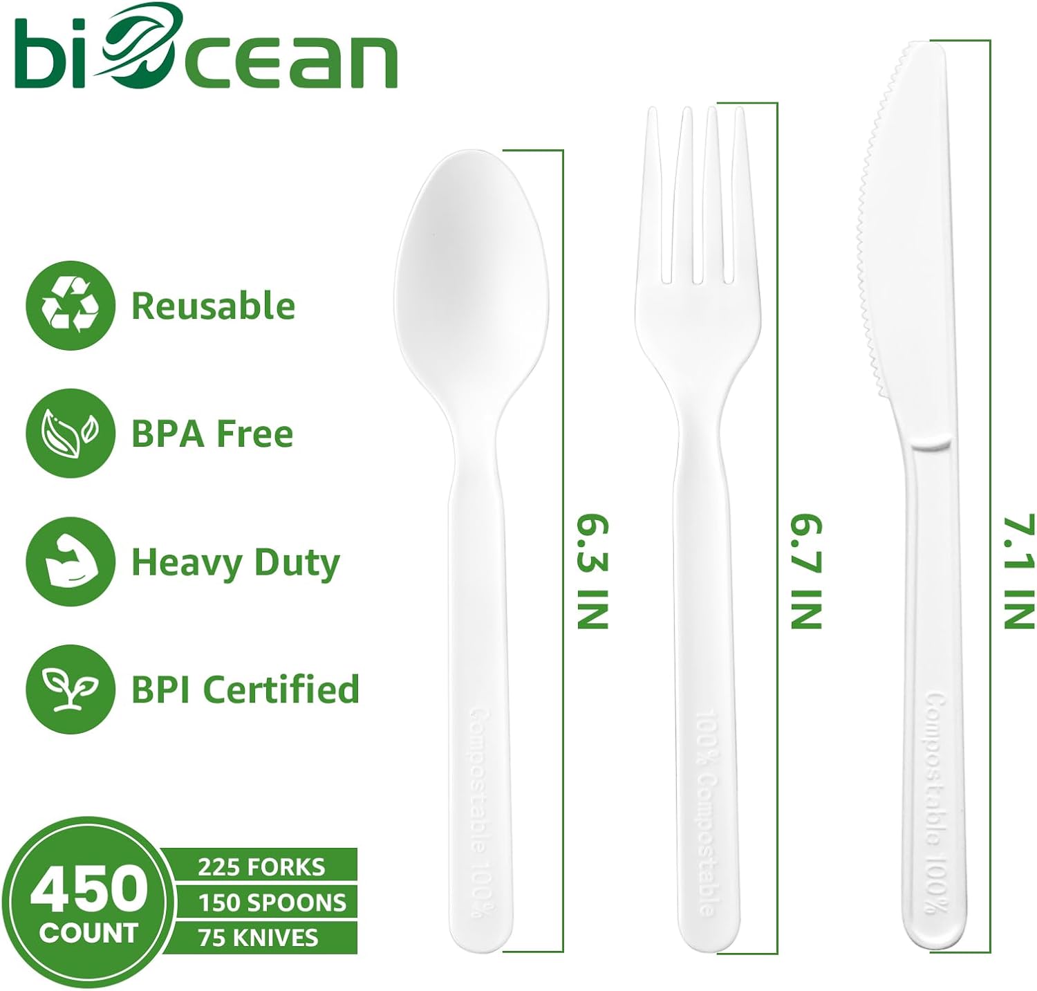 Mixed Pack Heavy Duty Compostable White PLA Fork Knife and Spoon - 450 PCS/Pack