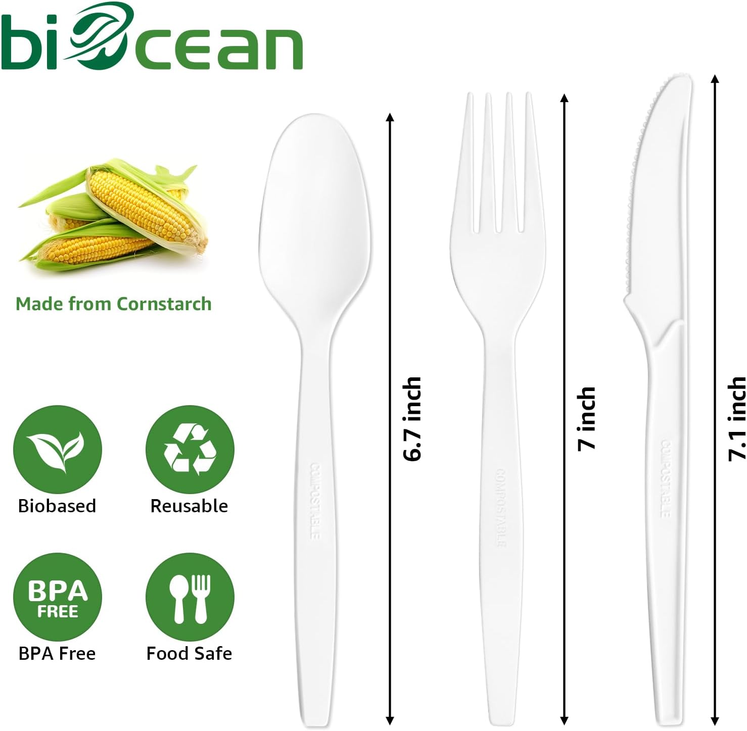 Biocean Extra Heavy Duty Compostable White PLA Spoon With Canvas Bag - 500/Pack