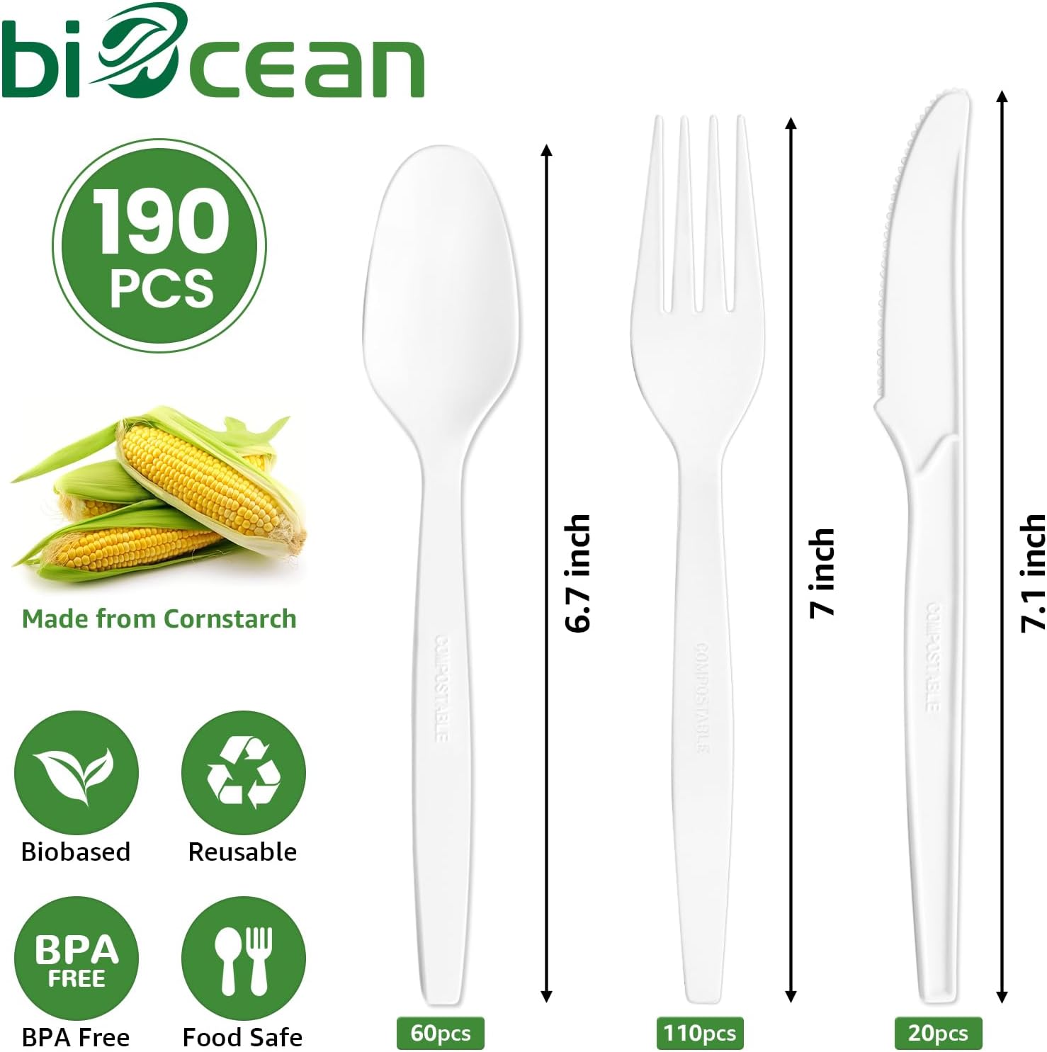 Biocean Mixed Pack Extra Heavy Duty Compostable White PLA Fork Knife and Spoon - 190/Pack